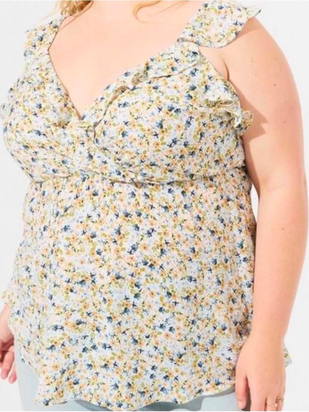 Torrid Peplum Georgette Floral Ruffle V-Neck Tank Yellow & Blue Sunshine 4X plus